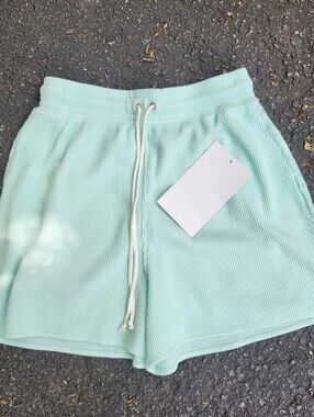 WOMENS Cotton Baby waffle soft aqua Danica elastic waist lounge shorts pockets M
